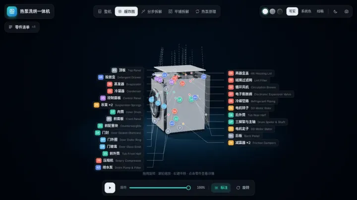 热泵洗烘一体机 3D 拆解 的页面截图